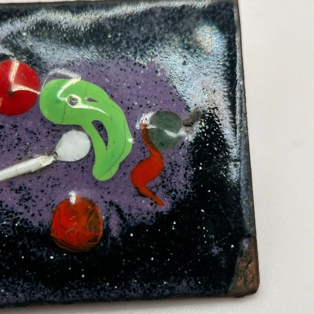 Vintage Multicolor Classic Rectangular‎ Abstract Art Enameled Copper Brooch Pin